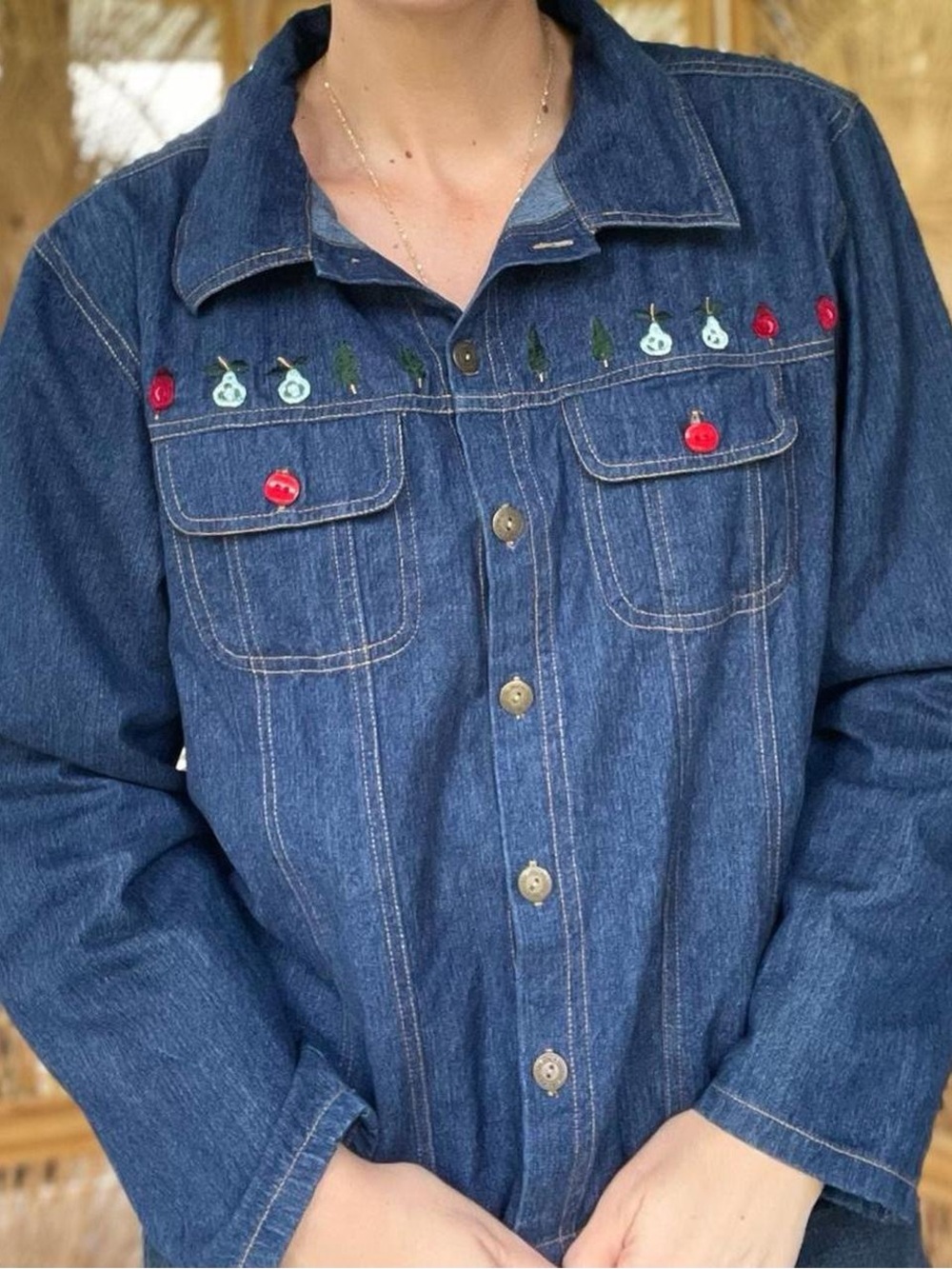 Vintage Classics by Carol Anderson Embroidered Fruit and Trees Navy Denim Jacket
